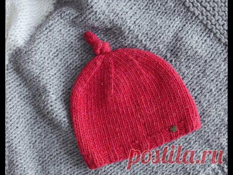 Детская шапочка-узелок спицами. Шапка для новорожденного. Подробный МК.