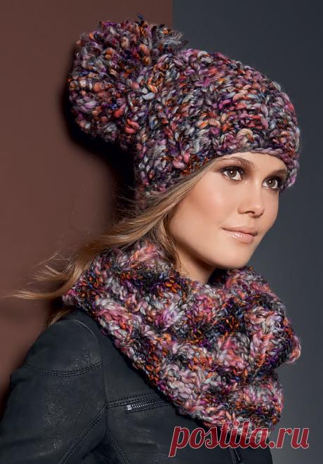 Модель для вязания Снуд и шапка На сайте Люди Вяжут представлена модель №15#43;16 из журнала OLYMPIA GOLD, пряжа Olympia Gold. Приведена инструкция по вязанию для размера: снуд - высота 35 см × обхват 65 см, шапка - обхват 44 см. Инструменты: круговые спицы № 12 длиной 60 см, набор чулочных спиц № 10, крючок № 6, набор для изготовления помпонов. Расход дан на комплект. Для снуда Вам потребуется примерно 150 гр, для шапки - примерно 120 гр пряжи Olympia Gold.