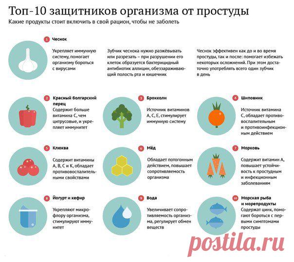 ТОП-10 защитников организма от простуды

В зимний период необходимо включить в свой рацион определённые продукты, чтобы избежать простуды:
* чеснок, 
* красный болгарский перец, 
* клюкву, 
* кефир и натуральный йогурт, 
* брокколи, 
* мёд, 
* шиповник, 
* морковь, 
* морскую рыбу и морепродукты, 
* также не стоит забывать про норму потребления очищенной воды.