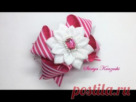 Украшение на заколку Канзаши / Бант из репсовых лент / Бант на шаблоне - YouTube