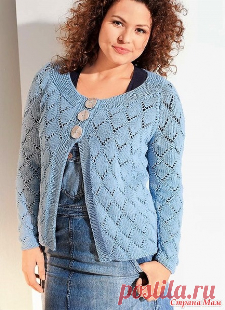 Мода PLUS. Нежный жакет с женственным вырезом горловины и аккуратным ажурным узором хорошо смотрится на фигурах plus-size.