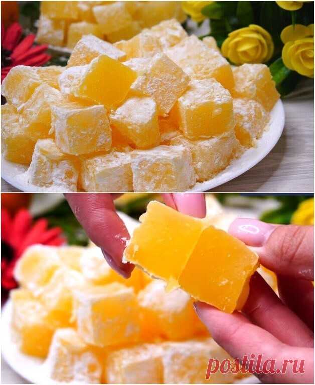 Гора конфет за 15 минут. Очень вкусно и из ничего. Рахат лукум

Невероятно простой и вкусный десерт. Готовится быстро и из минимума ингредиентов. Никогда не думала, что приготовление может быть таким легким. 

Готовим:
В кастрюле соединяем 380 мл воды и 250 мл свежего сока ягодного или фруктового, в моем случае использован апельсиновый сок. Добавляем сахара 300 г и 140 г кукурузного крахмала.
Тщательно перемешиваем и ставим на огонь. Варим, не переставая помешивать, до тог...