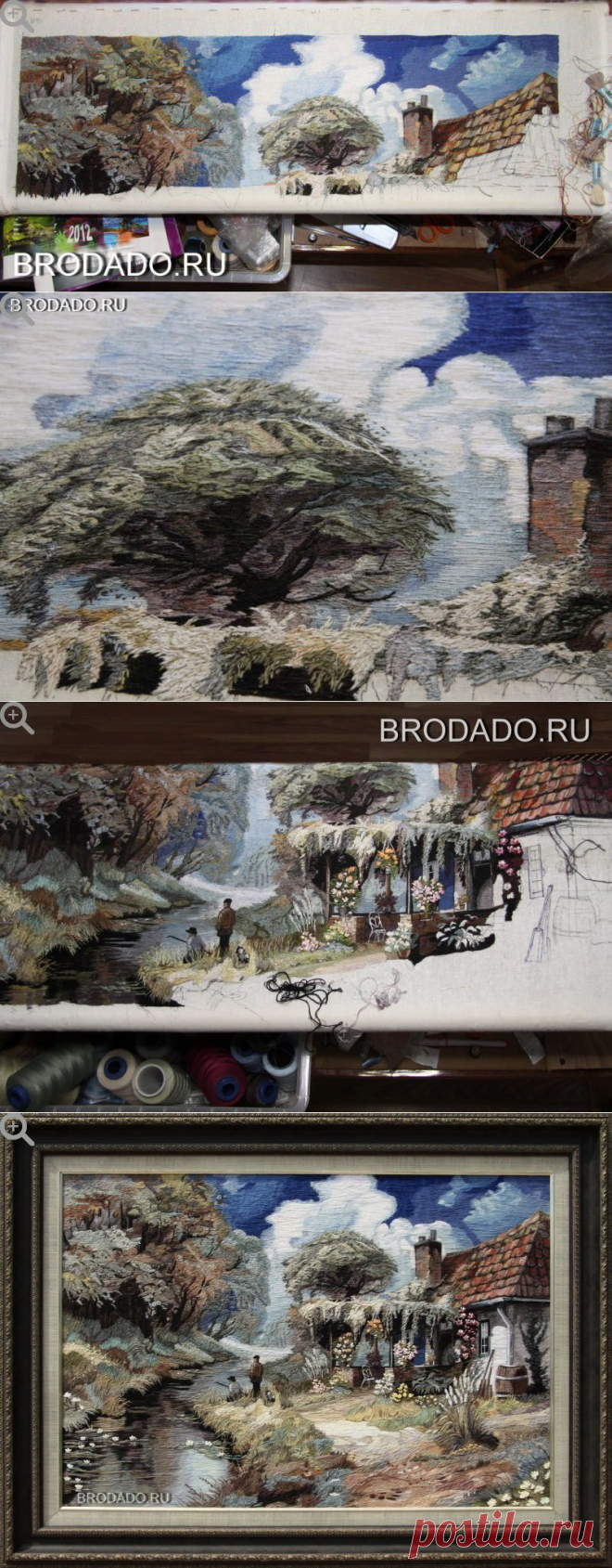 B R O D A D O (вышивка гладью) - Вышивка гладью. Сельский пейзаж из мулине. Картина находится в работе.
