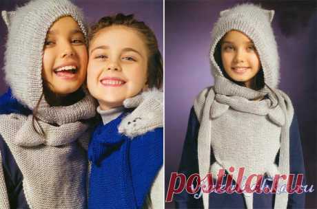 Шарф и шапка – капюшон спицами в комплекте «Котёнок»