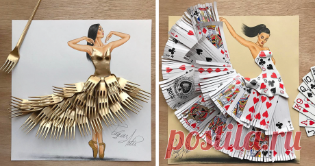 Artist Makes Dresses From Everyday Objects Armenian fashion illustrator Edgar Artis can take any mundane everyday object and incorporate it into his dress designs. Edgar's gown sketches are already beautiful, but the real magic happens when he cleverly uses playing cards, feathers, rose petals, even pizza slices and other things to playfully interact with the images.
