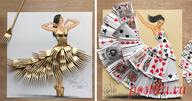 Artist Makes Dresses From Everyday Objects Armenian fashion illustrator Edgar Artis can take any mundane everyday object and incorporate it into his dress designs. Edgar's gown sketches are already beautiful, but the real magic happens when he cleverly uses playing cards, feathers, rose petals, even pizza slices and other things to playfully interact with the images.