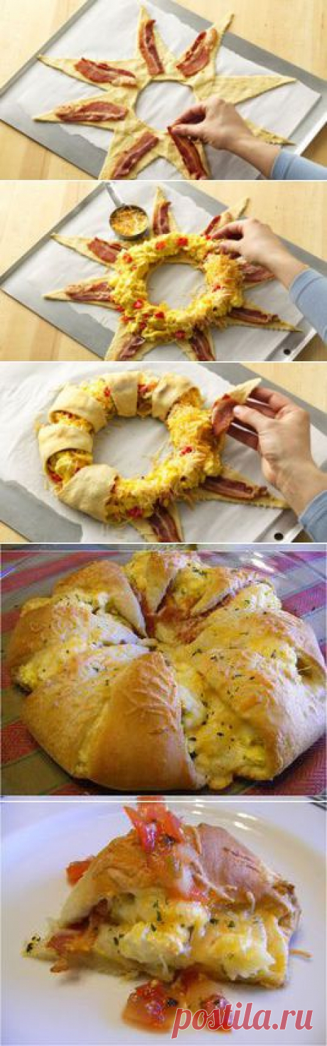 Открытый пирог с беконом омлетом и сыром