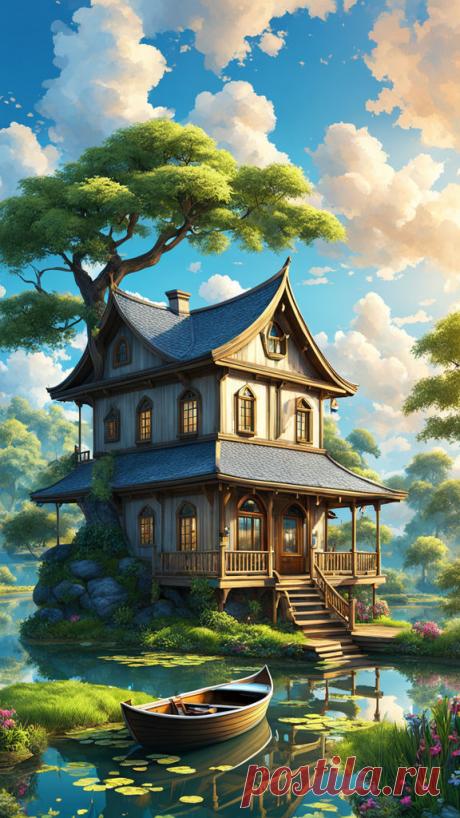 Домик, лодка на озере