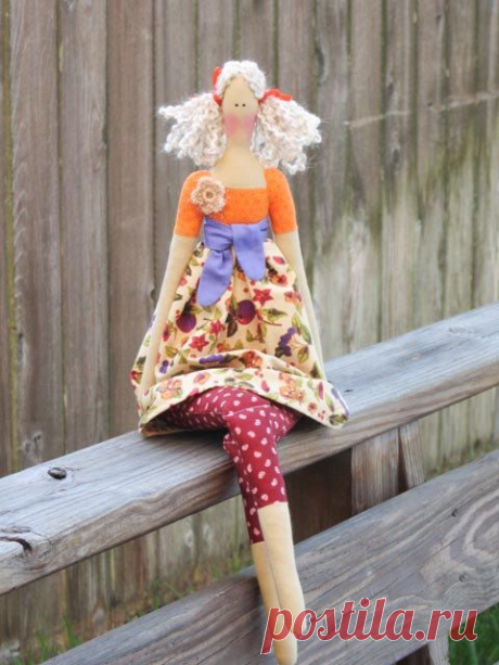 Fabric doll in orange cute cloth doll art от HappyDollsByLesya