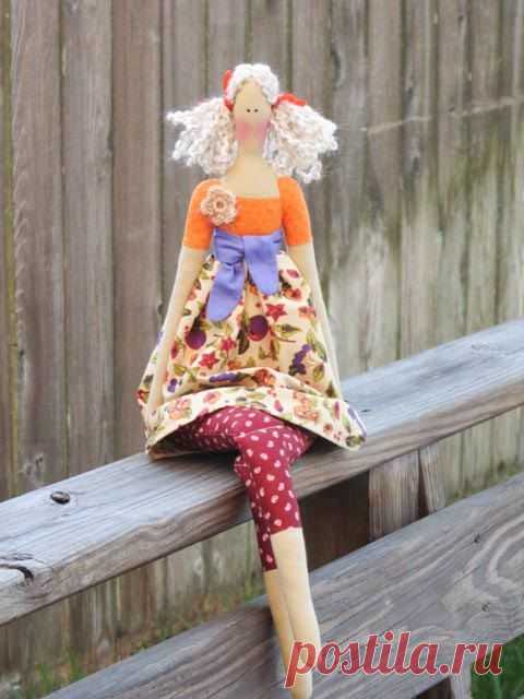 Fabric doll in orange cute cloth doll art от HappyDollsByLesya