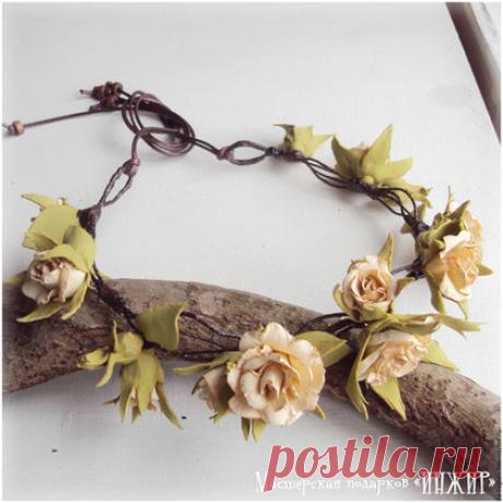 Купить "Ворожея" Украшение - ободок. - бежевый, роза ручной работы, украшение для волос, цветы из фоамирана