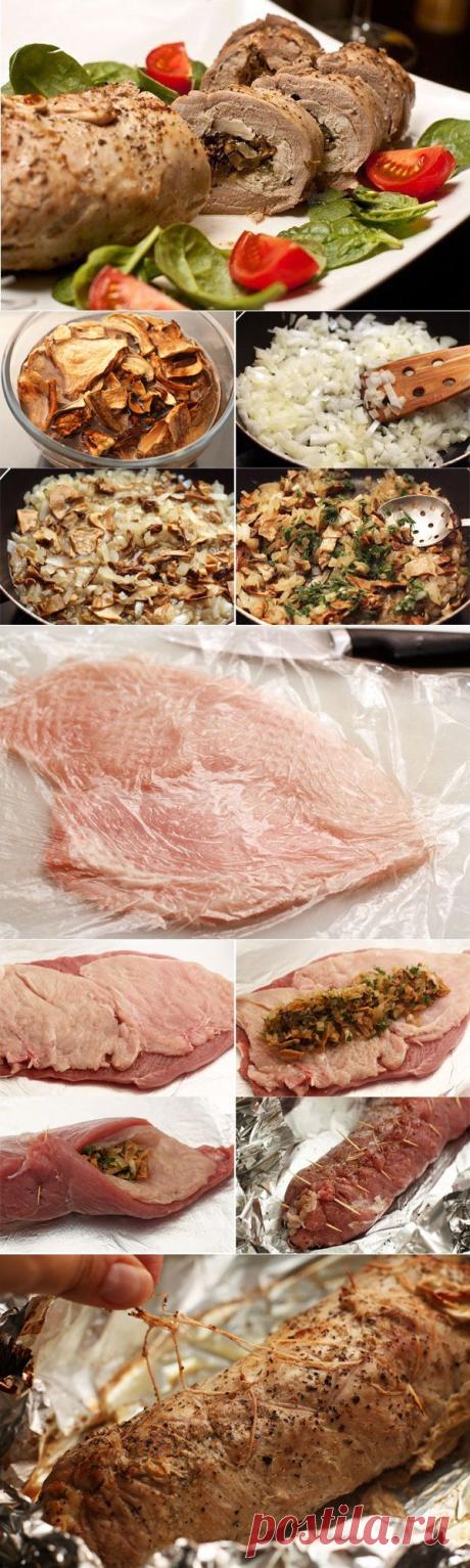 Праздничное необычное блюдо. Рулет из свинины с курицей и грибами