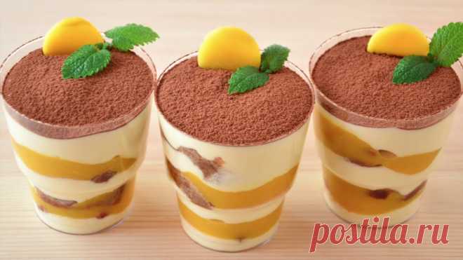 Тирамису с манго ☆ Mango tiramisu печенье Савоярди  250 гр маскарпоне 250 гр жирных сливок 250 мл холодного кофе 80 гр сахара 4 желтка манго 2 ст л ликера Бэйлис (по желанию) какао порошок