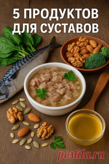 5 продуктов для крепких суставов 
1️⃣ Рыба (особенно скумбрия, сельдь, лосось) 🐟
Богата омега-3, снимает воспаление и улучшает подвижность суставов.
2️⃣ Холодец, желе, заливное 🍖
Источники натурального коллагена — вещества, которое “смазывает” суставы.
3️⃣ Шпинат и брокколи 🥦
Содержат витамины C и K, помогающие укреплять соединительные ткани.
4️⃣ Орехи и семена 🌰
Цинк, магний и витамины группы B — всё, что нужно для восстановления суставов.
5️⃣ Куриный бульон 🍲
Просто...