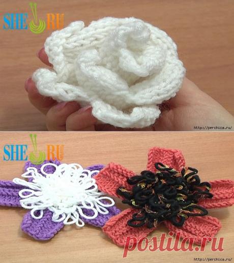Цветы вязаные спицами - видео уроки 2 части.