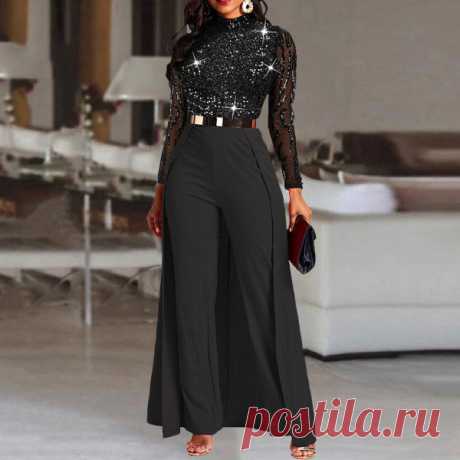 Fashion Stitching Sequined Long-sleeved Jumpsuit - ininrubyclub.com