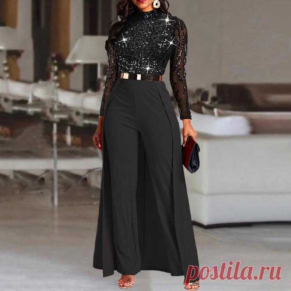 Fashion Stitching Sequined Long-sleeved Jumpsuit - ininrubyclub.com