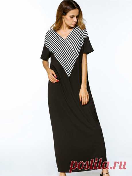 Women Casual Loose V-neck Stripe Patchwork Short Sleeve Maxi Dresses at Banggood