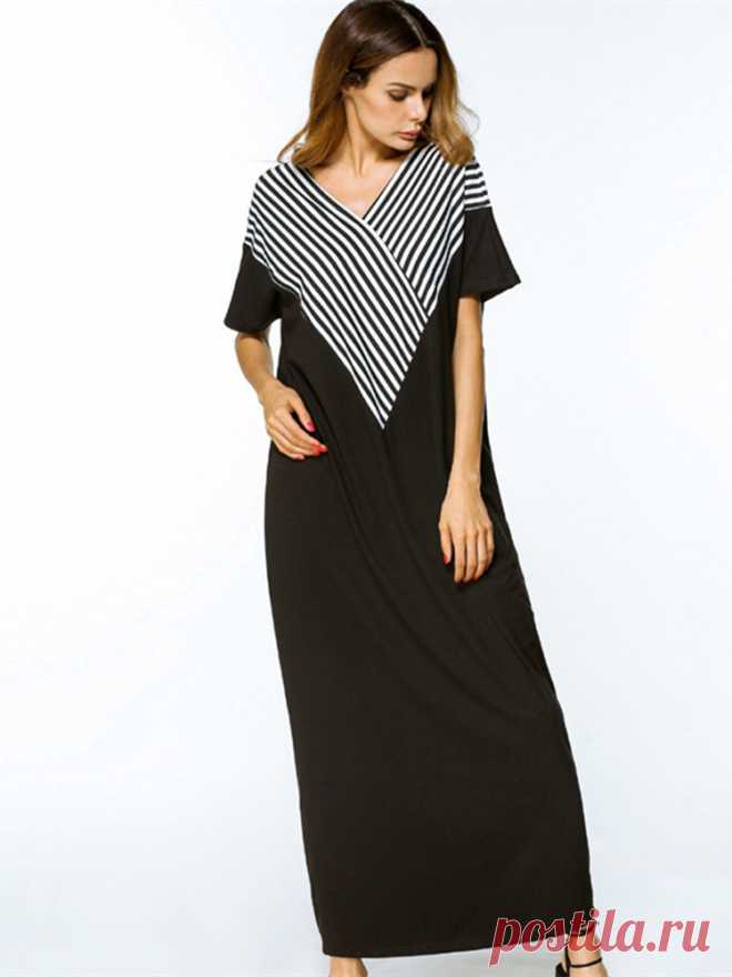 Women Casual Loose V-neck Stripe Patchwork Short Sleeve Maxi Dresses at Banggood