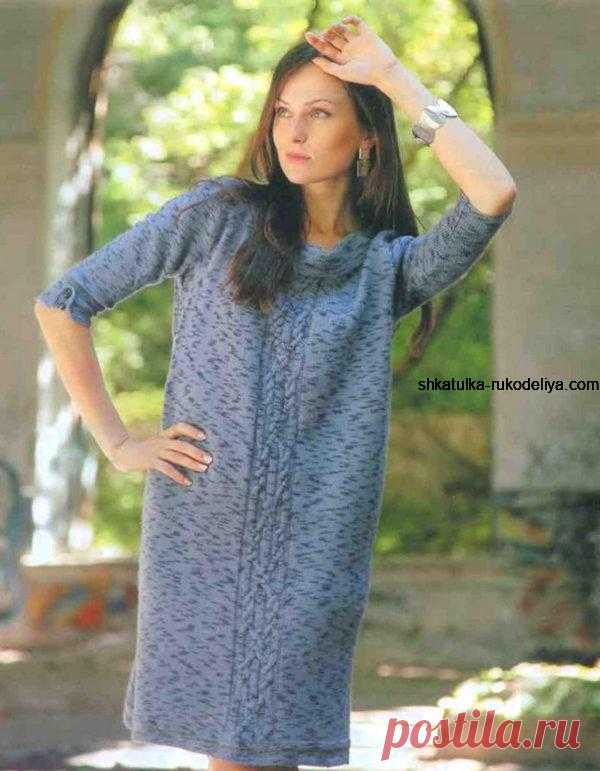 Вязаное платье из меланжевой пряжи Вязаное платье из меланжевой пряжи спицами. Женское платье платочной вязкой с описанием