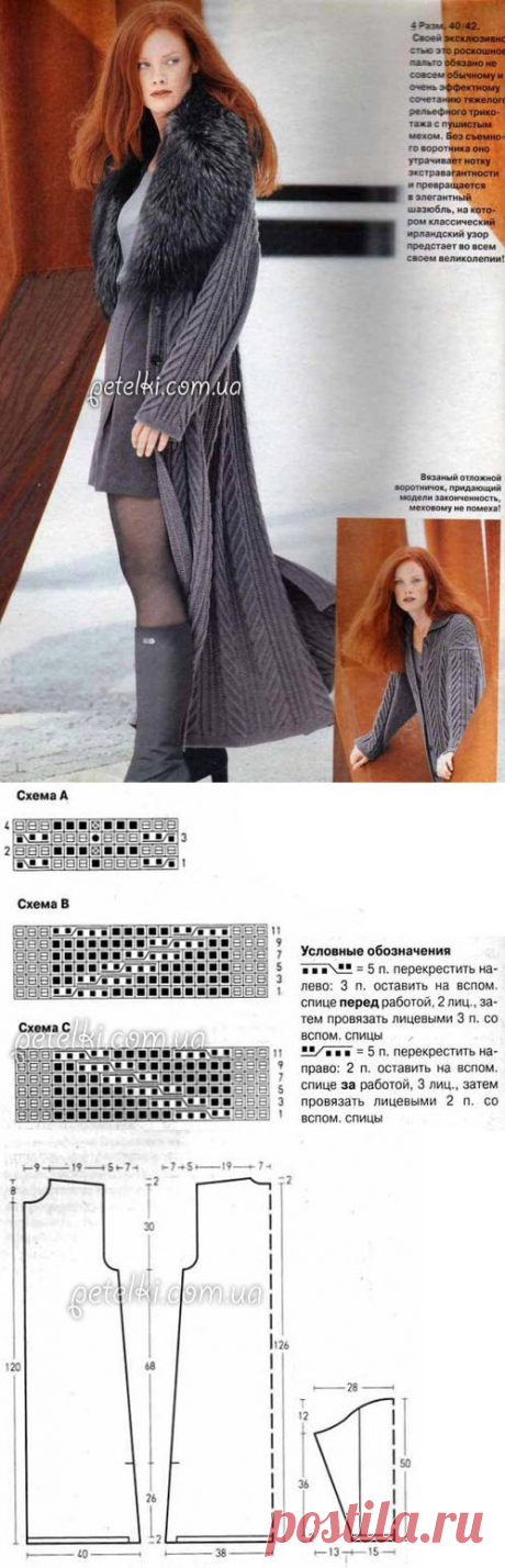 Длинное вязаное пальто. Описание, схемы вязания, выкройка