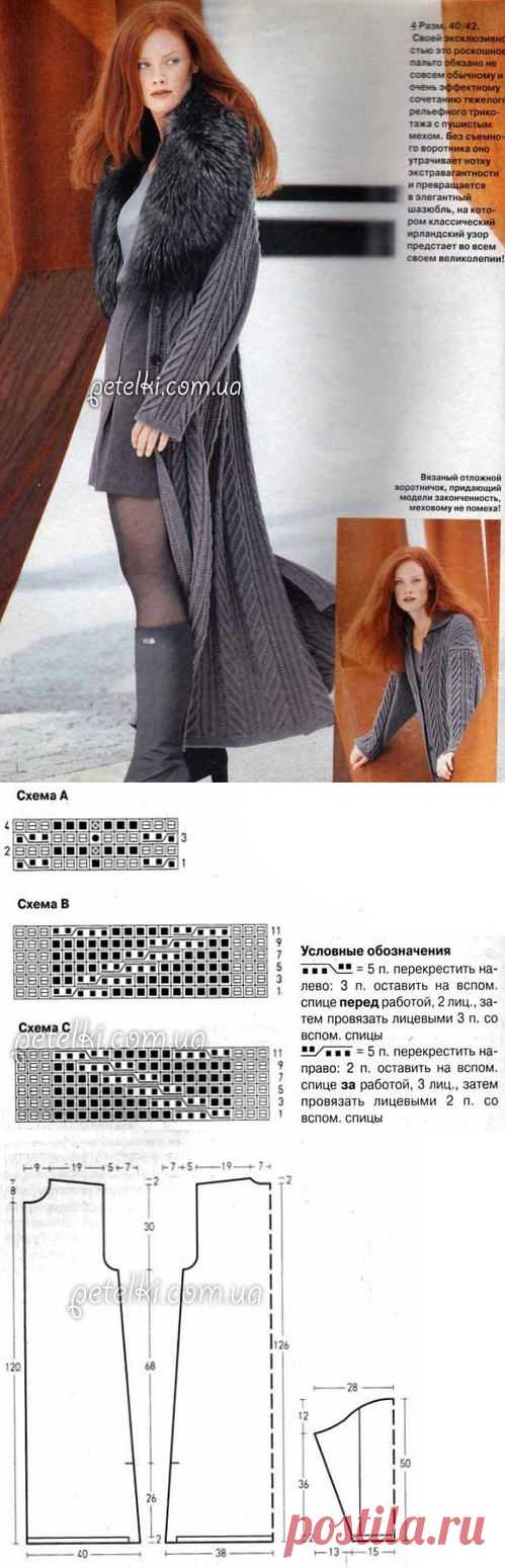 Длинное вязаное пальто. Описание, схемы вязания, выкройка