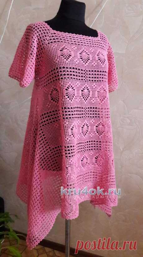 Розовая туника крючком. Филейное вязание