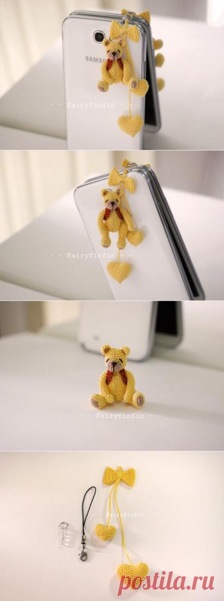 Crochet Yellow Teddy bear doll Phone charm от FairyFinFin на Etsy