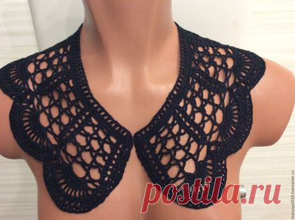 Купить Черный воротничок из ириса - черный, воротничок крючком, вязаный воротничок, съемный воротничок