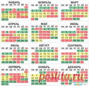 2017 год. Зеленые - благоприятные дни, желтые - убывающая луна, красные - неблагоприятные дни для посадки/пересадки.
