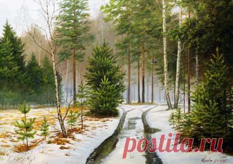 Легкий снег ложится покрывалом на уже пожухлую траву... Художник Владимир Владимирович Куликов.