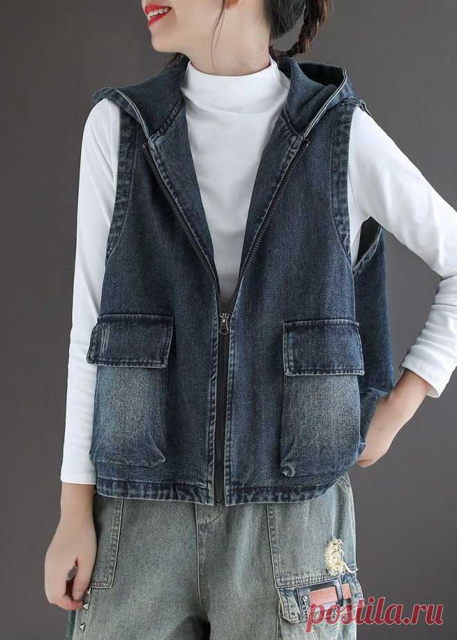Casual Blue Denim Zippered Pockets Fall Sleeveless Waistcoat – SooLinen