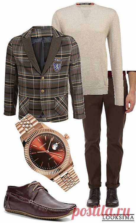 Офисный look для дресс-кода &quot;smart casual&quot;: чиносы, тонкий бежевый джемпер, стильный пиджак в клетку, кожаные мокасины и часы с браслетом под розовое золото.
