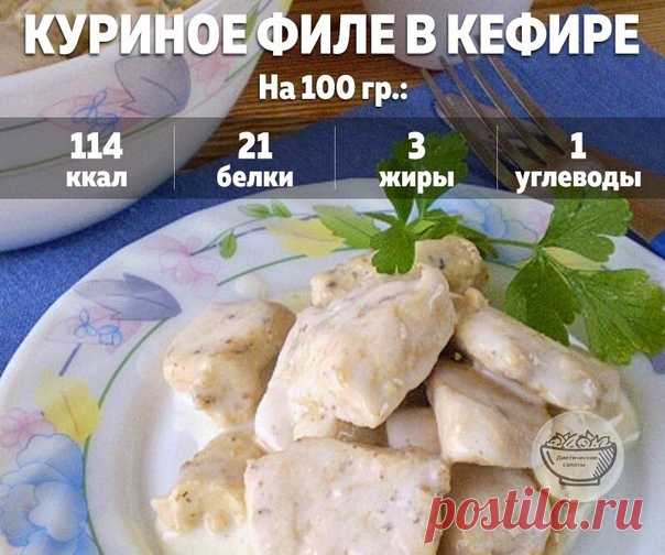 Куриное филе в кефире

Ингредиенты:

Филе куриное — 600г
Кефир 1% — 1 стакан
Укроп, чеснок, перец — по вкусу

Приготовление:

1. В кефир добавьте мелко нарезанный укроп, измельченный чеснок и молотый перец, тщательно перемешайте.
2. Грудку нарежьте на порционные кусочки, опустите их в кефирную смесь и дайте помариноваться 30–60 минут.
3. Затем выложите курицу на сковородку (не смазанную маслом), добавьте немного маринада и тушите под крышкой до готовности, периодически под...