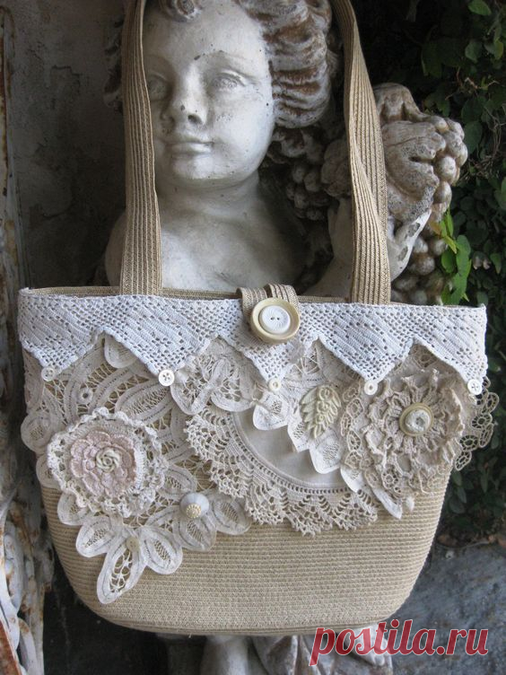 Upcycled Shabby Chic Purse Collaged with Handmade Antique Laces and Vintage Buttons