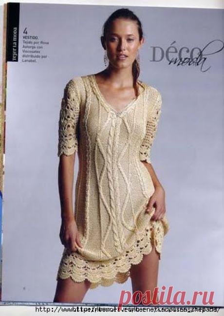 Бежевое платье. Вязание спицами и крючком | Умелые ручки