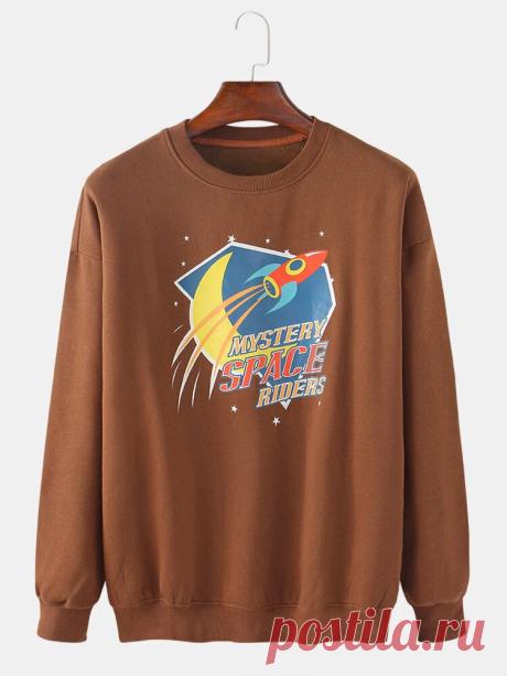 Mens Cartoon Rocket & Letter Print Long Sleeve Pullover Round Neck Simple Sweats - US$26.99