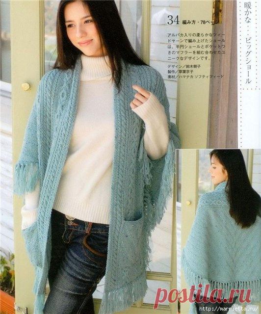 Теплая вязаная спицами накидка с карманами. Схема