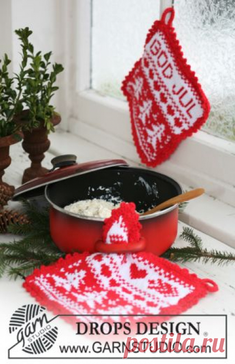 DROPS Extra 0-577 - Free knitting patterns by DROPS Design Knitted DROPS pot holders with Christmas pattern in ”Paris”.