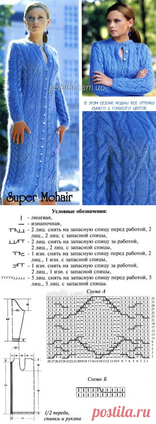 Пальто спицами с узором из жгутов. Описание вязания, схема