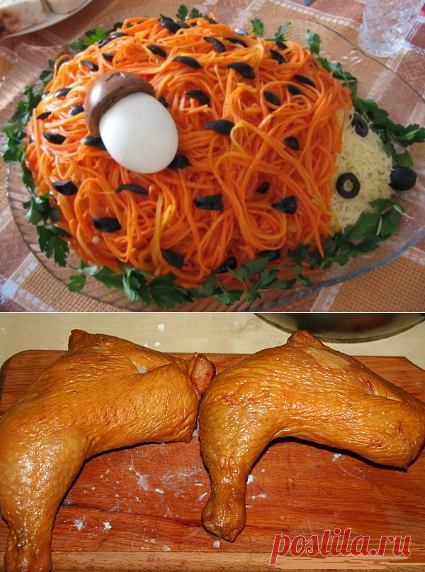 салат с копченым окорочком
Очень вкусный салат и как всегда, что я очень люблю – чтобы просто готовился. Этот салат слоеный, если его украсить, он отлично подойдет на новогодний стол.