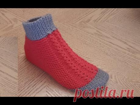 ОДНИМ ПОЛОТНОМ !!! Носки-следки (тапочки) на двух спицах №59.