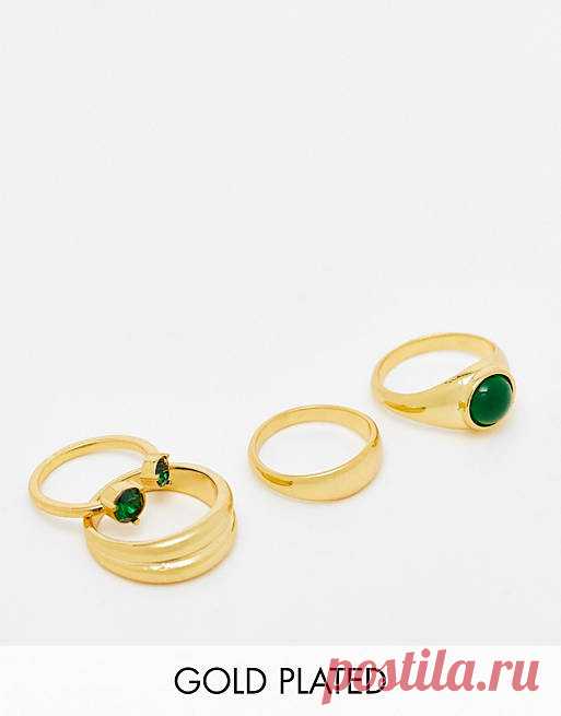 ASOS DESIGN 14k gold plated pack of 4 rings with set stones in gold tone | ASOS
