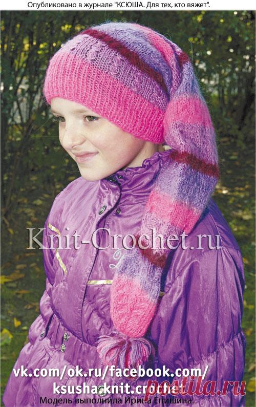 Шапочка-колпак для девочки на спицах.