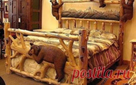 Кровать с медведями в стиле рустик