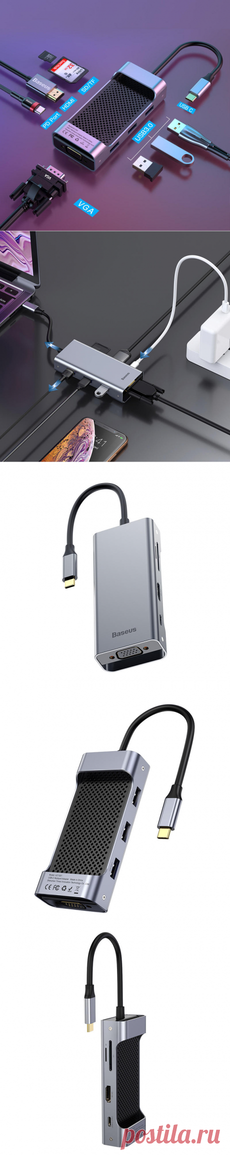baseus 8-in-1 usb-c type-c hub adapter with 3 usb 3.0 ports/usb-c pd charging port/4k hd/vga/memory card readers for type-c smart phone laptop macbook samsung huawei lg Sale