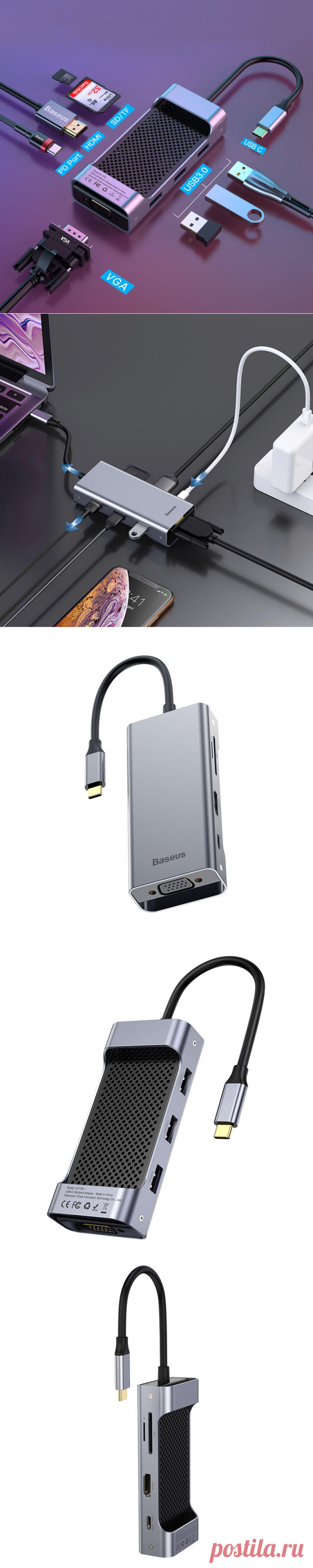 baseus 8-in-1 usb-c type-c hub adapter with 3 usb 3.0 ports/usb-c pd charging port/4k hd/vga/memory card readers for type-c smart phone laptop macbook samsung huawei lg Sale