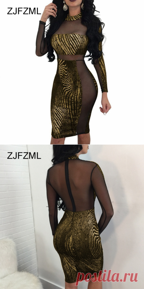 ZJFZML Для женщин бронзовая повязка платье Сексуальная See Through сетки мини платье вечерние клуб с длинным рукавом облегающее платье купить в магазине Doremo Store на AliExpress