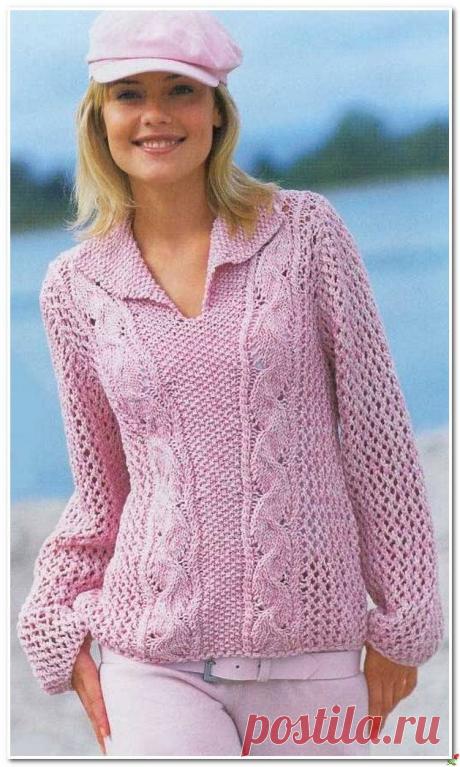 Розовый пуловер с воротником и "косами".