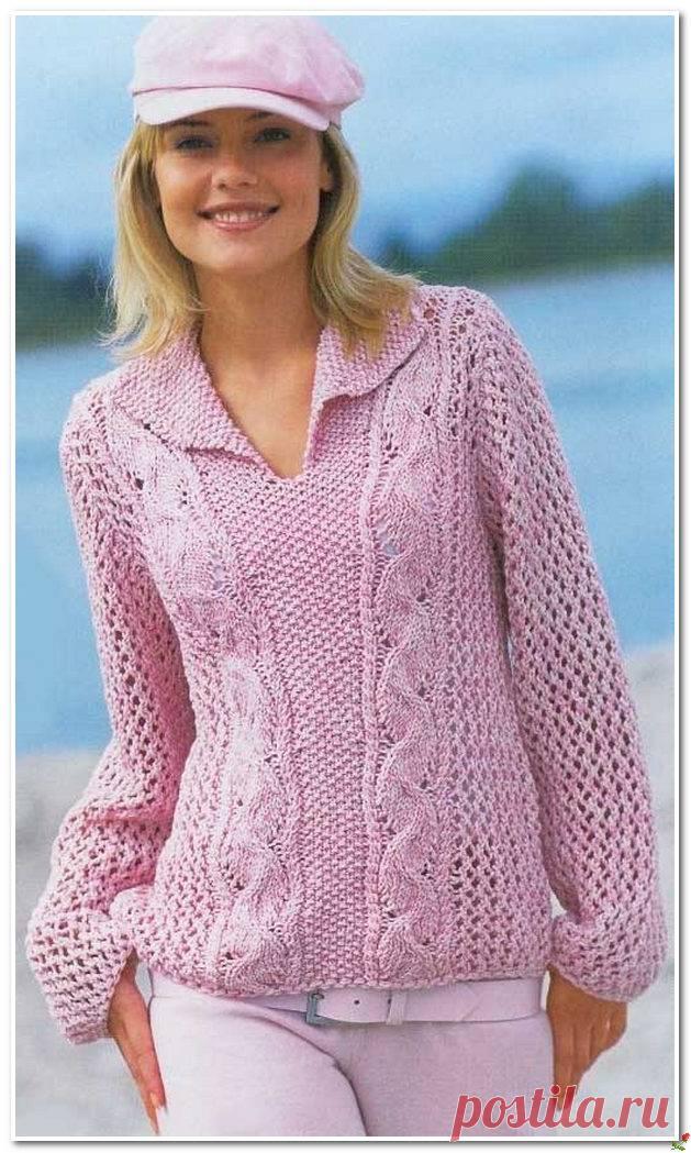 Розовый пуловер с воротником и 